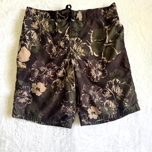 Op Men's SZ XL Swim Suit Trunks Hawaiian Green & Tan Elastic/Tie Waist, Pocket - Picture 1 of 11